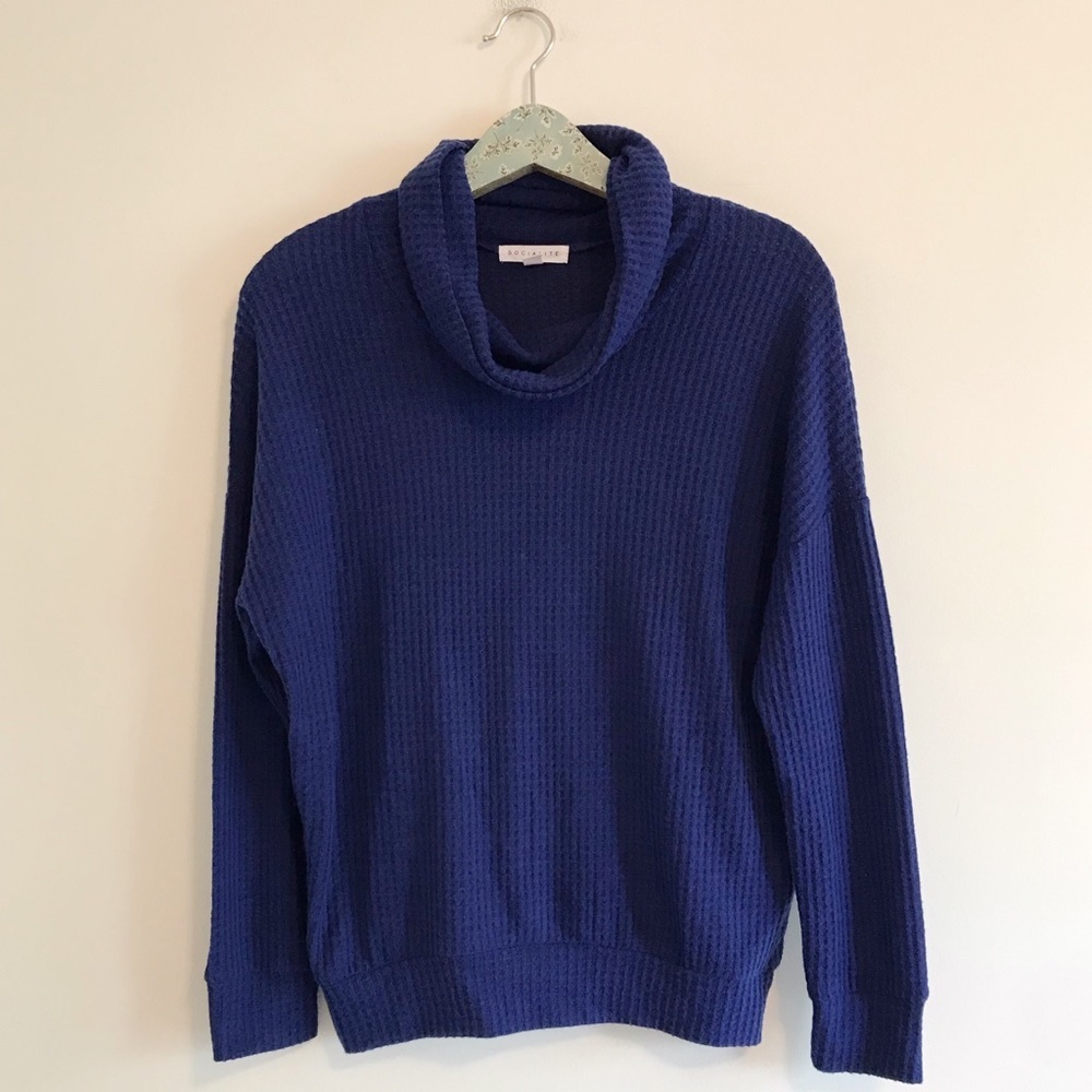 Socialite | Blue Waffle Knit Cowl Neck Top